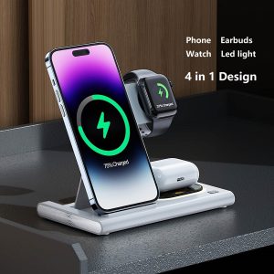 Wireless Charger Station, 4 in 1 Foldable 15W Fast Charging Wireless Charging Station with Night Light for iPhone iPods iWatch