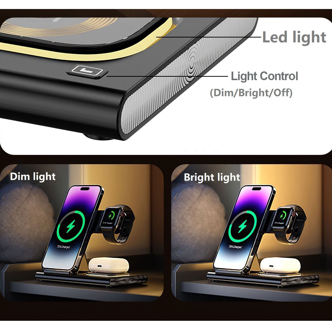 Wireless Charger Station, 4 in 1 Foldable 15W Fast Charging Wireless Charging Station with Night Light for iPhone iPods iWatch - Image 3