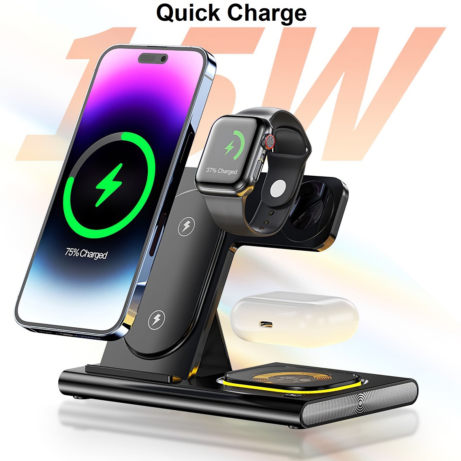 Wireless Charger Station, 4 in 1 Foldable 15W Fast Charging Wireless Charging Station with Night Light for iPhone iPods iWatch - Image 4