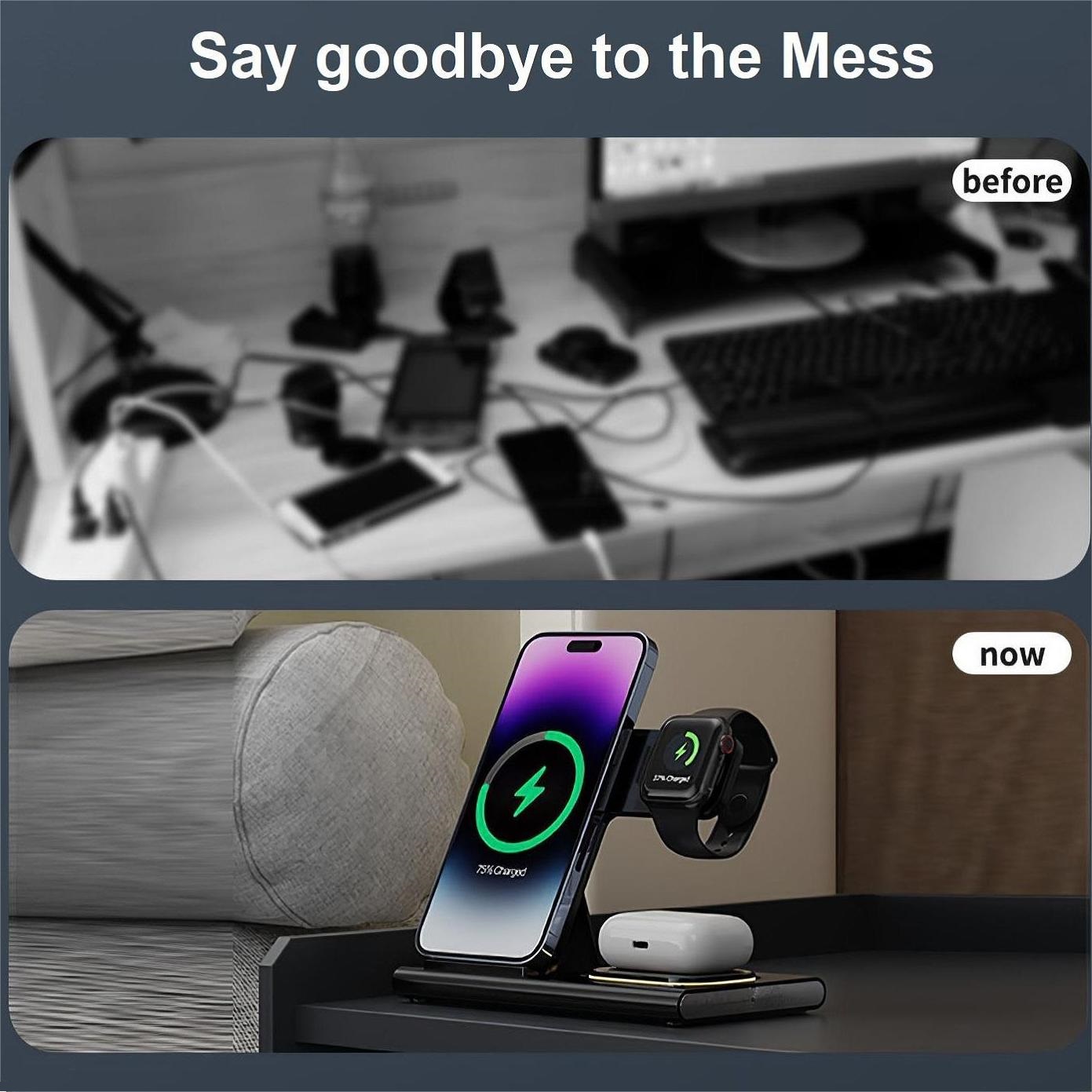 Wireless Charger Station, 4 in 1 Foldable 15W Fast Charging Wireless Charging Station with Night Light for iPhone iPods iWatch - Image 5