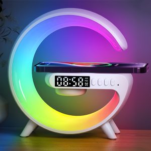 Mini Multi-functional 15W Fast Charging Wireless Charger with Speaker, Supports TF card, RGB Night Light, Alarm clock, AUX input, Suitable for iPhone and Samsung Mobile Phones