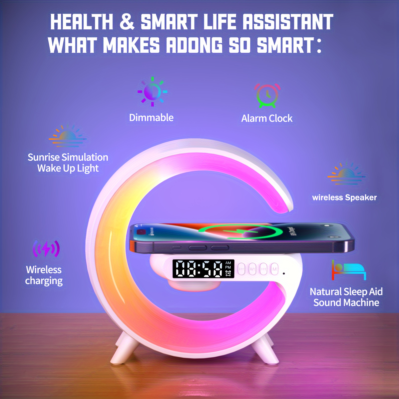 Mini Multi-functional 15W Fast Charging Wireless Charger with Speaker, Supports TF card, RGB Night Light, Alarm clock, AUX input, Suitable for iPhone and Samsung Mobile Phones - Image 3