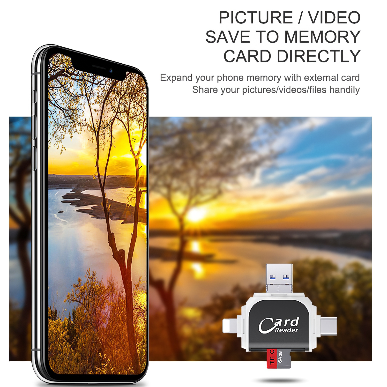 4 in 1 Card Reader for SD Card, TF Card (128GB Optional), Plug and Play for iPhone and Samsung XiaoMi Phones - Image 7