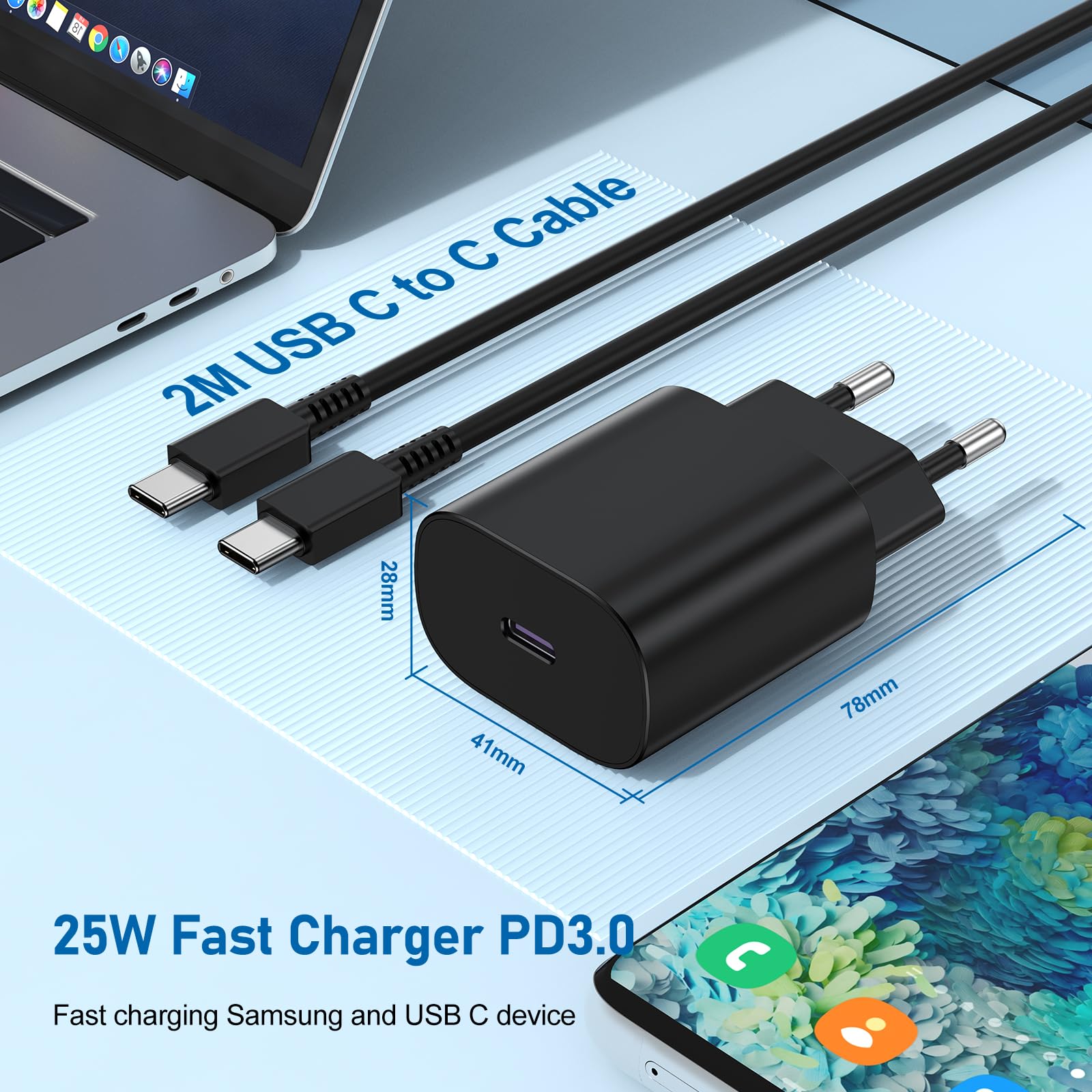 PD 25W Fast Charging EU Version Charger with Type C Cable Set for Samsung Phone iPhone - Image 4