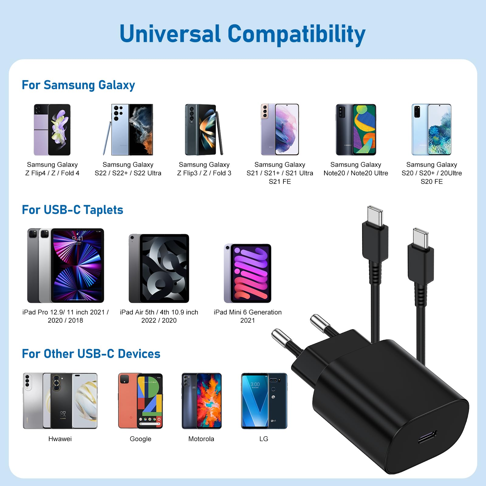 PD 25W Fast Charging EU Version Charger with Type C Cable Set for Samsung Phone iPhone - Image 7