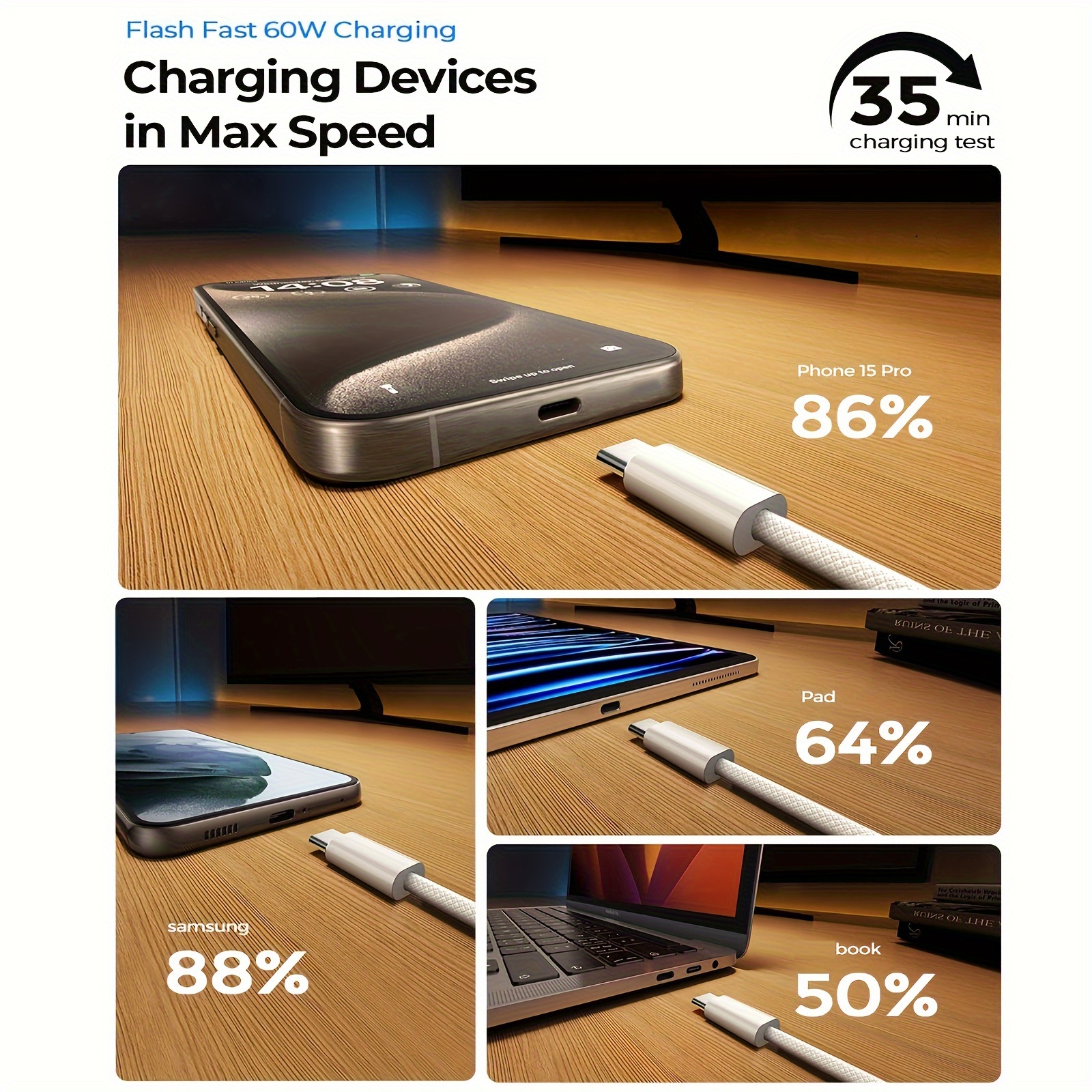 High-end 60W Type C to C Fast Charging Cable Cord for Phone Tablet PC Laptop --3 Pack - Image 2