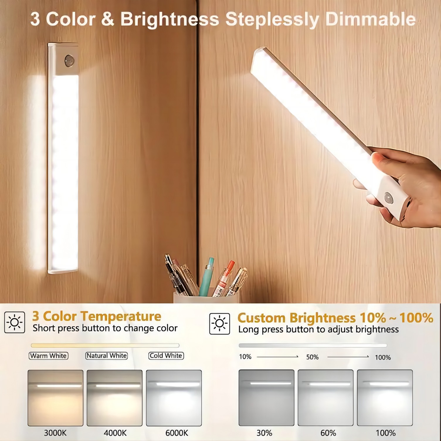 1pc LED Motion Sensor Cabinet Light, USB Rechargeable Night Counter Closet Light, Adjuastable Color,Different Size Available - Image 2
