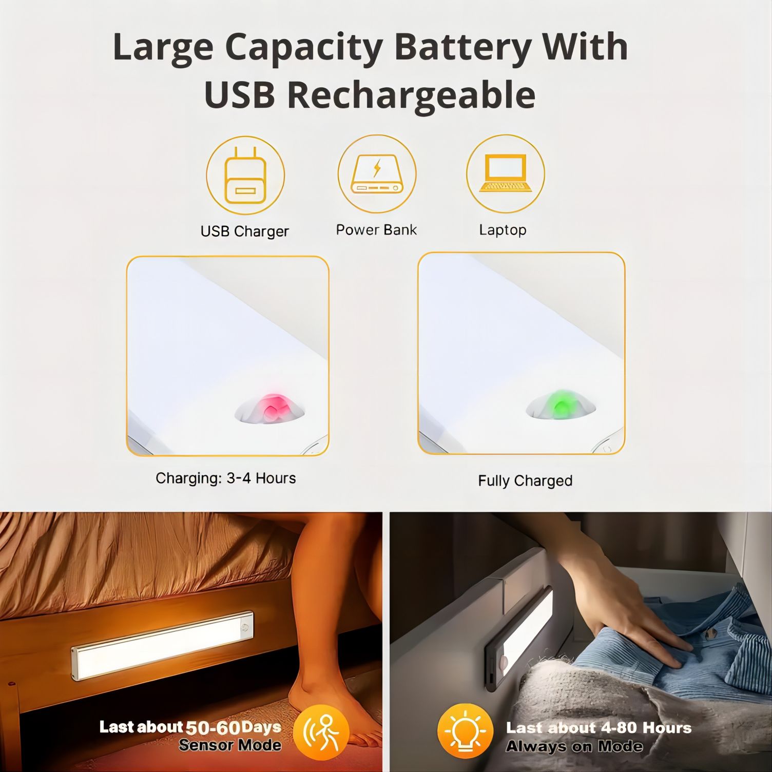 1pc LED Motion Sensor Cabinet Light, USB Rechargeable Night Counter Closet Light, Adjuastable Color,Different Size Available - Image 4